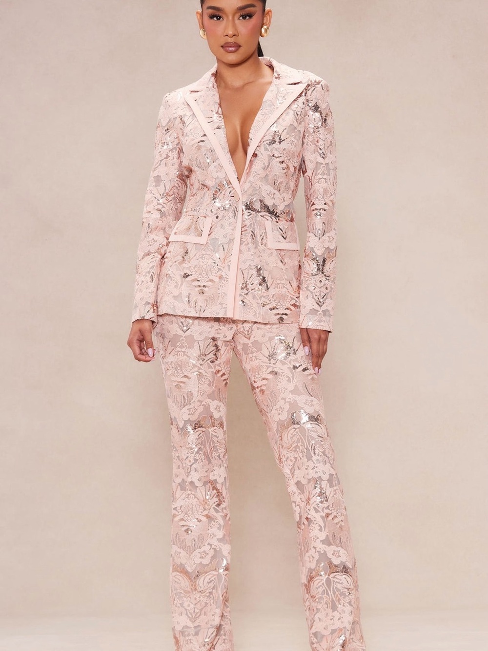 Women's Pink Lace Sequin Blazer and Pant Suit - Picture 2 of 6